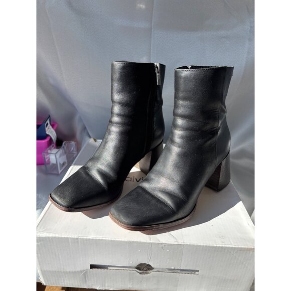 Calvin Klein Black Leather Ankle Boots With Chunky Heel & Zipper Closure Womens - Picture 1 of 8